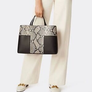 Tory Burch - Block T Black and Snakeskin Print Tote